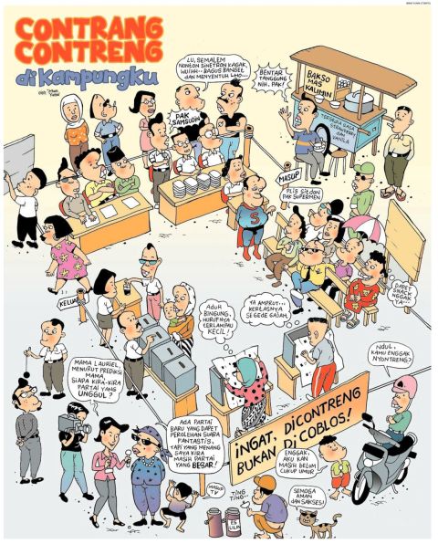 komedi hari contreng Syahdan di sebuah TPS, Pemilu 2009, 9 April 2009. Sebuah karikatur karya Imam Yunni